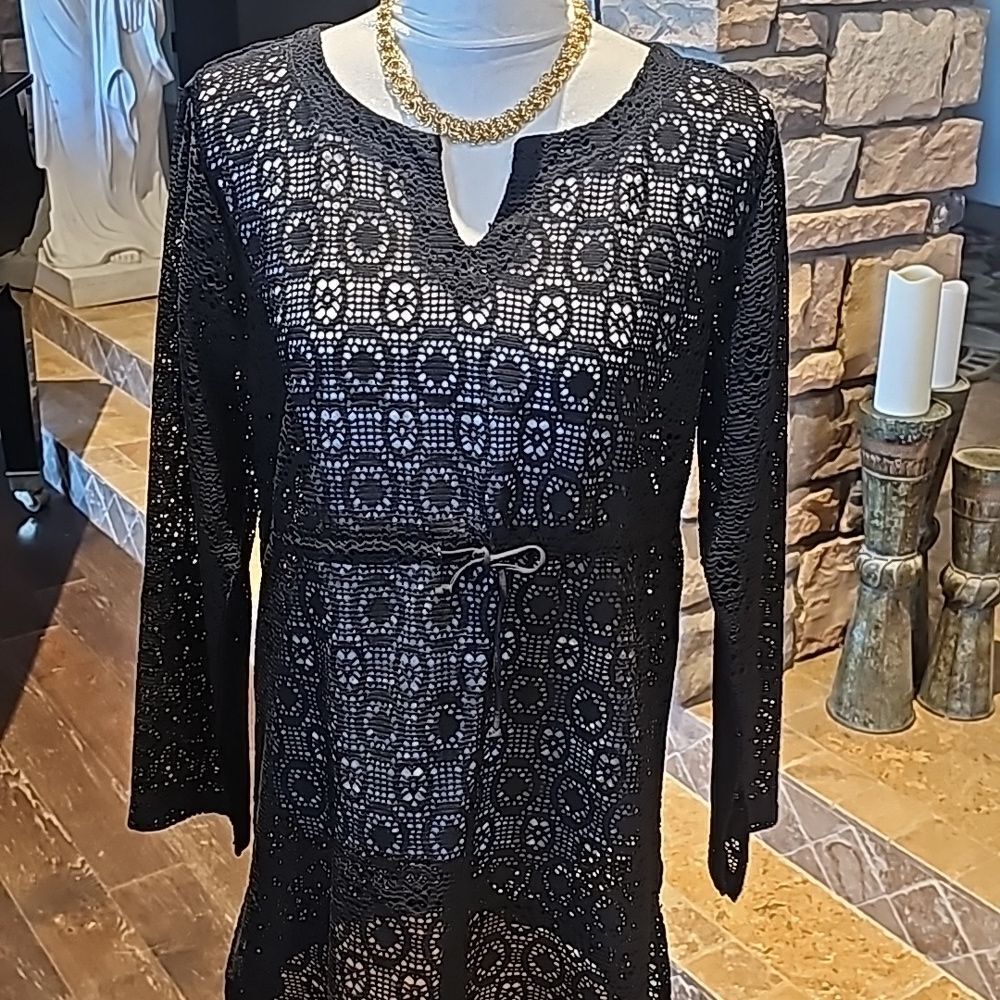 Black lace swim cover up with drawstring waist